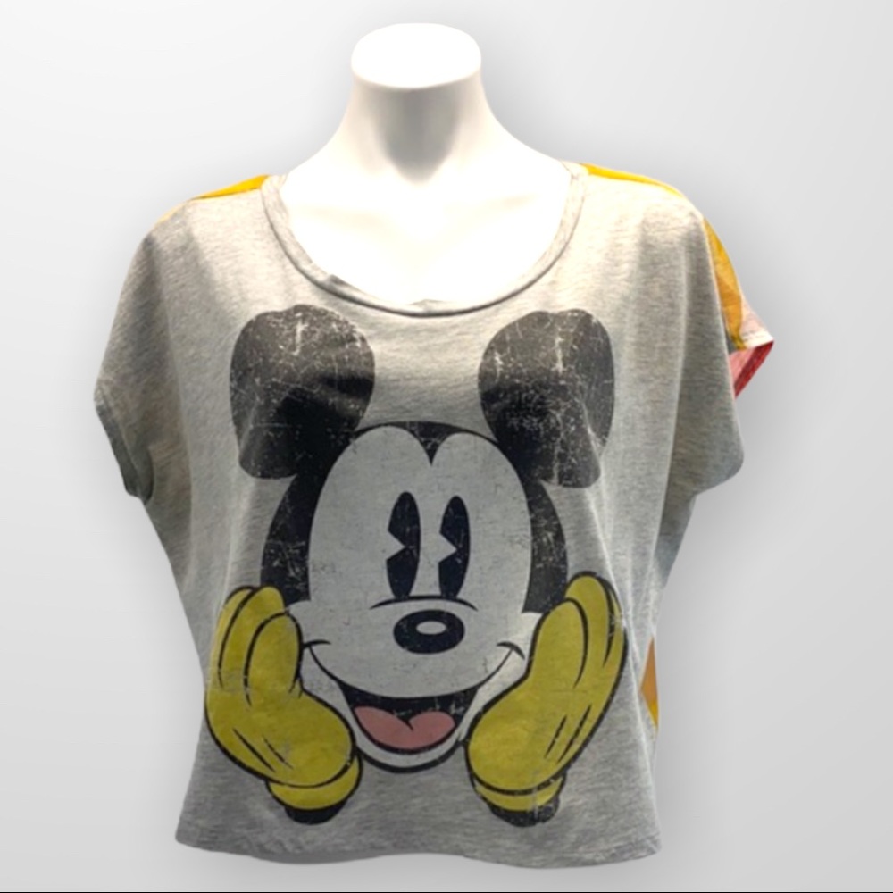 DISNEY VINTAGE Mickey Mouse Micro Sleeve Cropped Tee Sheer Rainbow Back